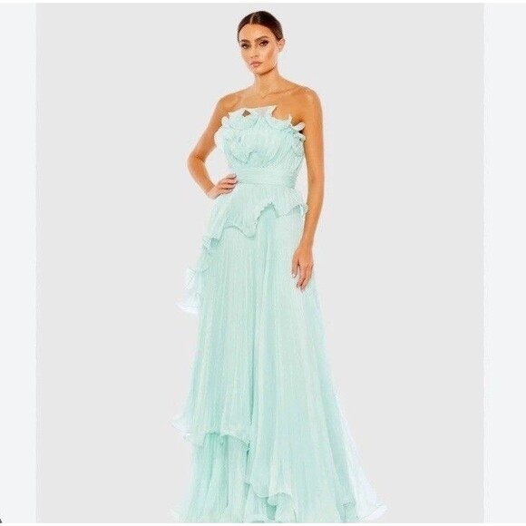 Mac Duggal Mint Blue Pleated Chiffon Evening Dress Size 14 Strapless Ruffle Gown - Picture 1 of 10